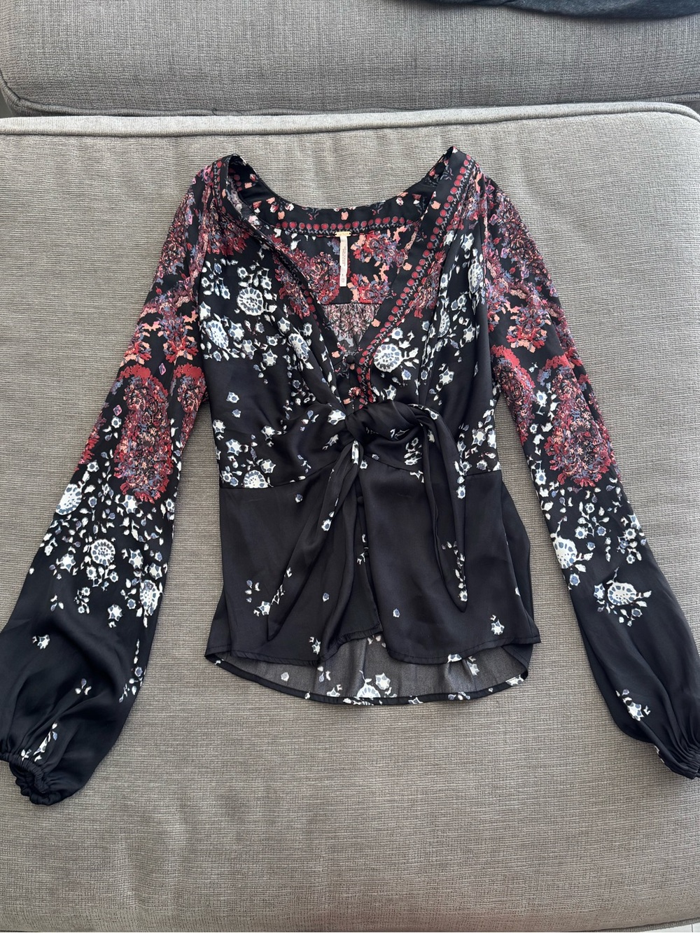 Free People Floral Tie-Front Long Sleeve Blouse - Black/Red